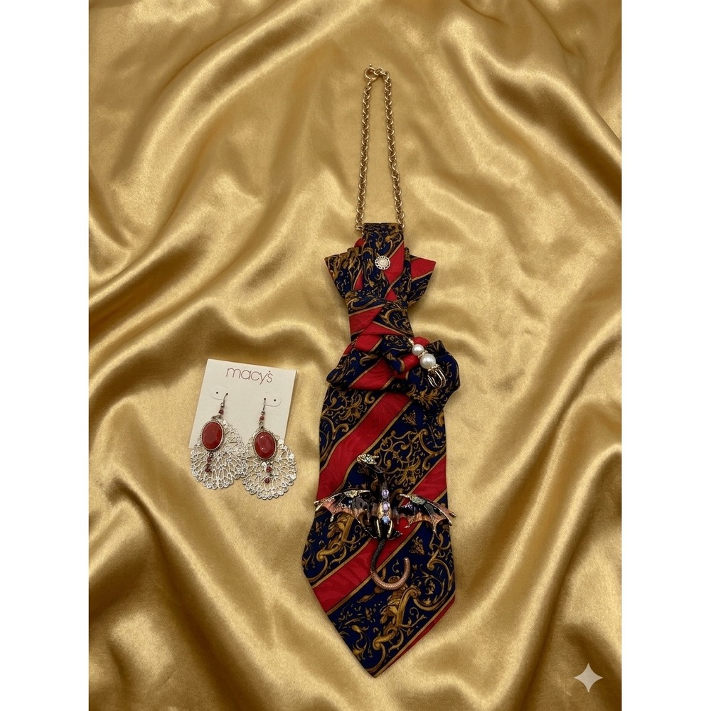 PAPELL Silk Dragon Tie Necklace & Macy's Red Filigree Earrings Set Dark Academia